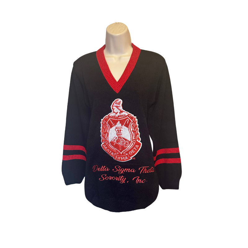 Delta Sigma Theta Chenille Crest V-Neck Sweater
embroidered detail, black with red stripes